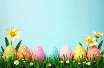  Colorful Easter eggs with flowers on grass, pastel blue background. 