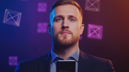 Poster - Businessman Using Smartphone with Global Connectivity Concept in Modern 3D Design