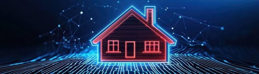 Poster - futuristic house design concept with tech elements in digital environment and neon aesthetics