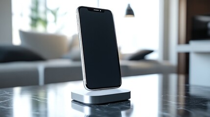 Poster - Modern smartphone standing vertically on a dock, showcasing a sleek and elegant user interface.