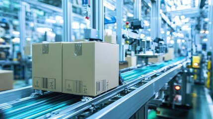 Poster - Neatly stacked cardboard boxes moving down an automated conveyor in a packaging facility.