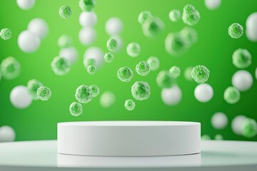 Poster - 3D Medical Research Concept with Podium Surrounded by Floating Plant Cells on Green Background