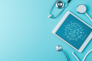 Poster - Innovative Medical Technology Concept with Stethoscope and Tablet on Blue Surface