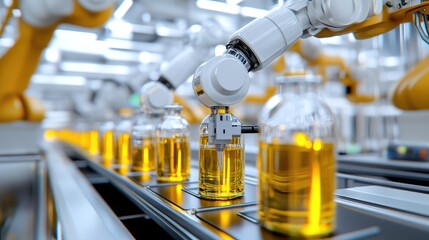 Poster - Robotic arms carefully filling and sealing premium olive oil bottles.
