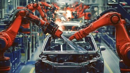 Poster - Robotic arms carefully installing windshield glass on a car assembly line.