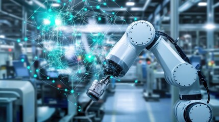 Poster - Smart manufacturing plant featuring interconnected IoT-driven robotic systems in full operation.