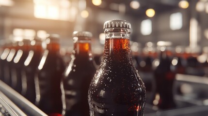 Poster - Spacious bottling plant with high-speed conveyor belts filling and sealing soda bottles.
