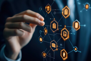 Poster - Business Person Interacting with Digital Security Icons Representing Personal Information Concepts