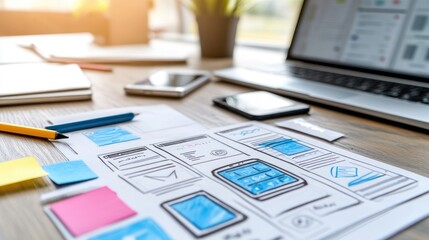 Poster - Workstation with mobile UI sketches, open laptop, and testing smartphone.