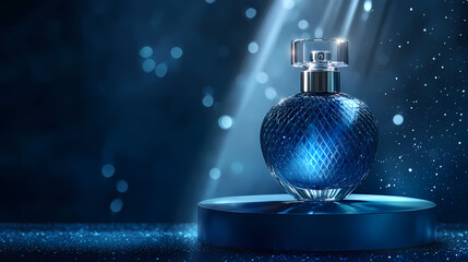 Wall Mural - A blue glass perfume bottle with a silver cap sits on a platform, illuminated by a beam of light against a dark blue background. Sapphire Beam. Illustration