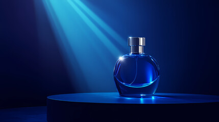 Wall Mural - A blue glass perfume bottle with a silver cap sits on a platform, illuminated by a beam of light against a dark blue background. Sapphire Beam. Illustration