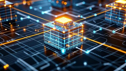 Poster - digital representation of futuristic cityscape with glowing grid lines and illuminated structures sh