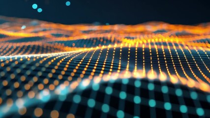 Poster - Digital Landscape of Glowing Orange and Blue Grid Lines and Nodes Creates Futuristic and Dynamic Visual Effect, Illustrating Data Flow and Technology Innovation