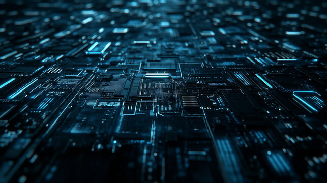 Thin circuit trace lines in blue on a dark technology background. Abstract digital tech bg. Electronics and computer technology concept. Chip and circuit board. Vector illustration with text space. 