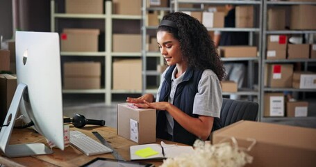Fototapete - Inventory, label and woman with box in warehouse for distribution stock, sticker and cargo. Address, factory or logistics worker in small business for order, packaging process or ecommerce parcel
