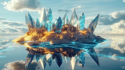 Poster - A surreal floating island with jagged glowing crystalline structures rising into the sky