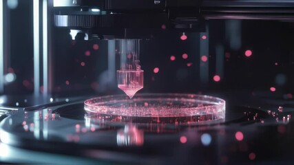 Poster - Futuristic bioprinting machine creating artificial organs using innovative 3d printing technology with pink liquid in modern medical laboratory for healthcare and tissue engineering research