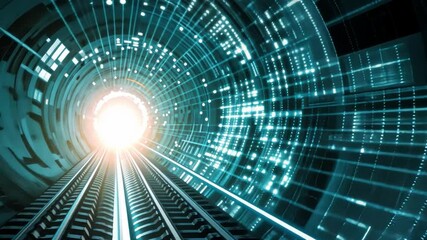 Poster - Futuristic Tunnel with Glowing Lights and Railway Tracks Journey Through Speed, Technology, and Innovation with Bright Light at End Suggesting Progress and Advanced Transportation Systems