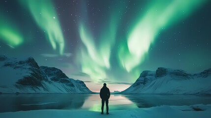 Wall Mural - Northern lights dancing in polar skies with aurora borealis glow , northern pole, borealis, sky. Polar Glow. Illustration