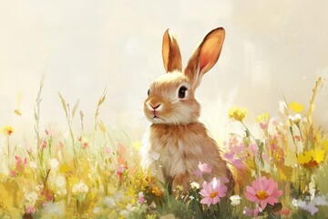 Aufkleber - Cute rabbit sitting among colorful wildflowers in a sunlit meadow during springtime