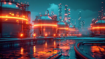 Leinwandbilder - Colorful neon lights illuminate large storage tanks in a modern industrial site at night, reflecting on wet surfaces, creating a vibrant atmosphere amidst the urban skyline.