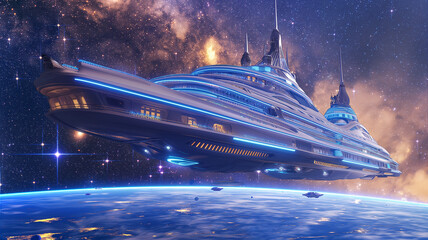 Aufkleber - This sleek space hotel orbits Earth, ready to welcome passengers for a thrilling zero-G experience.