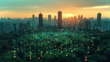 Aufkleber - A vibrant sunrise illuminates a modern city filled with skyscrapers. Lush trees are visible in the foreground, interspersed with glowing light effects representing connectivity.