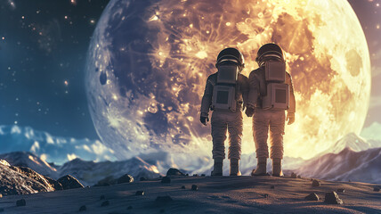 Aufkleber - This Two astronauts stand hand in hand, admiring a large moon over a surreal landscape in space.