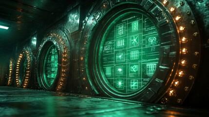 Poster - In a dimly lit corridor, circular windows reveal glowing green displays with complex data. The high-tech environment suggests advanced technology and exploration.