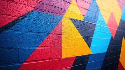 Aufkleber - Colorful abstract mural featuring vibrant geometric shapes on a textured wall with shades of red, blue, yellow, and black in an urban setting during daylight