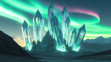 Poster - An alien desert fortress constructed from glowing reflective crystals