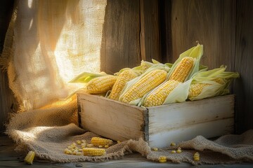 Aufkleber - Rustic farmhouse display of freshly harvested corn cobs with natural morning light illuminating their rich texture