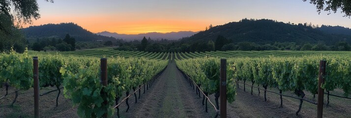 Poster - sunset over a lush vineyard with rows of green vines leading to a beautiful horizon in warm orange h