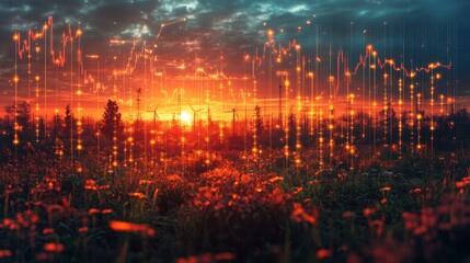 Poster - A vibrant sunset casts orange and red hues over a grassy field, while digital lines and points create an abstract representation of data, blending nature with technology at dusk.