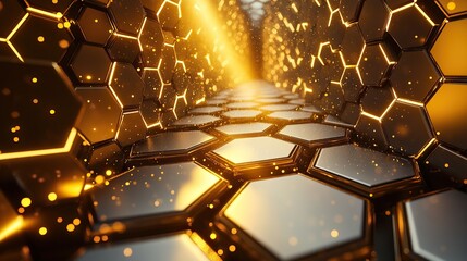 Poster - An infinite corridor of glowing hexagonal panels