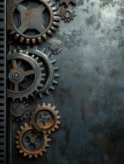 Poster - Gears and metallic textures create a robust industrial background design for mechanical themes and tech projects