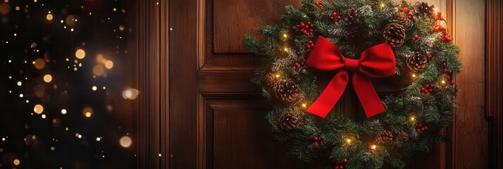 Aufkleber - Beautifully decorated Christmas wreath with red bow and twinkling lights on wooden door, perfect for festive celebrations