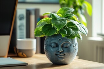 Poster - Decorative plant in a Buddha head pot enhances a serene workspace with natural elements in a bright, cozy indoor setting during daylight