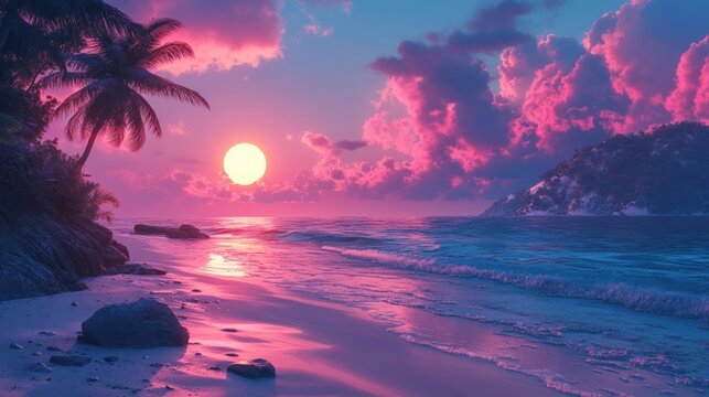 A 90s-style beach with pink and blue skies, soft pastel vibes