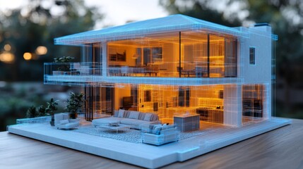Poster - A detailed architectural model presents a futuristic two-story home featuring glowing interior layouts and realistic furniture arrangements, set against a serene background.