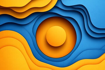 Poster - abstract layered paper cutout design in shades of blue and yellow
