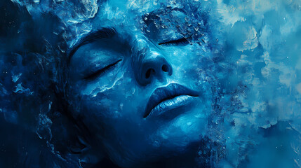 Wall Mural - Serene face, eyes closed, textured skin, cool blue tones. Hypnotic Lumens. Illustration