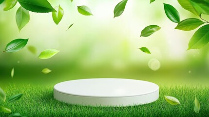 Poster - White cylinder podium on green grass field with falling green leaves on blurred natural background, perfect for showcasing organic products