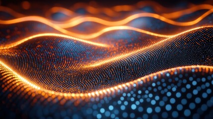 Wall Mural - glowing particles flow across a dark digital landscape