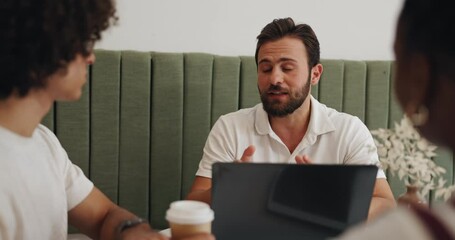 Poster - Coffee shop, meeting and business people with collaboration, networking or website discussion. Entrepreneur, teamwork and cafe communication with technology for remote work and b2b project ideas