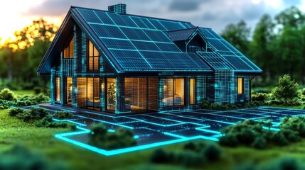 Aufkleber - A contemporary house is illuminated during twilight, featuring solar panels on the roof and a glowing energy-efficient exterior. Surrounding greenery enhances the eco-friendly design.
