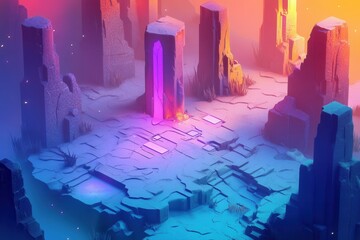 Aufkleber - Isometric gaming-inspired background featuring stylized terrain with vibrant lighting effects and dynamic 3D UI elements for immersive adventures