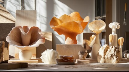 Wall Mural - Elegant ceramic sculptures in bright natural light on a workshop table