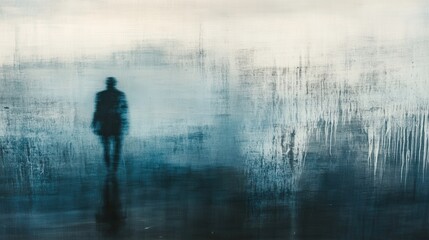 Aufkleber - Melancholic reflections with raindrops on window and distant figure in soft blue and gray hues