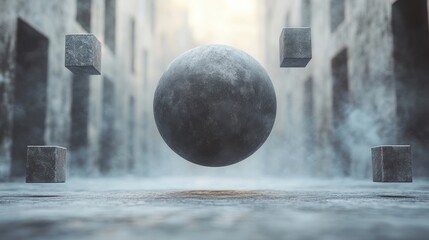 Poster - A minimalist floating sphere with sharp-edged cubes orbiting around